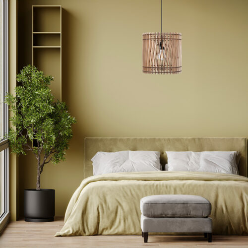 Luminaire en bois dans une chambre avec un lit