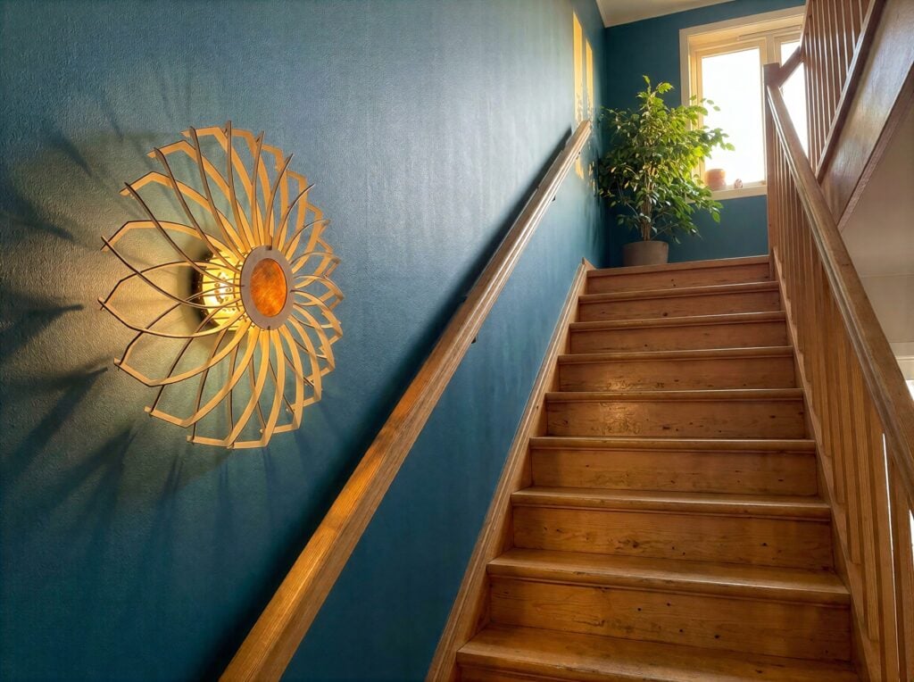 Applique murale en bois floral, fabrication artisanale en France, escalier
