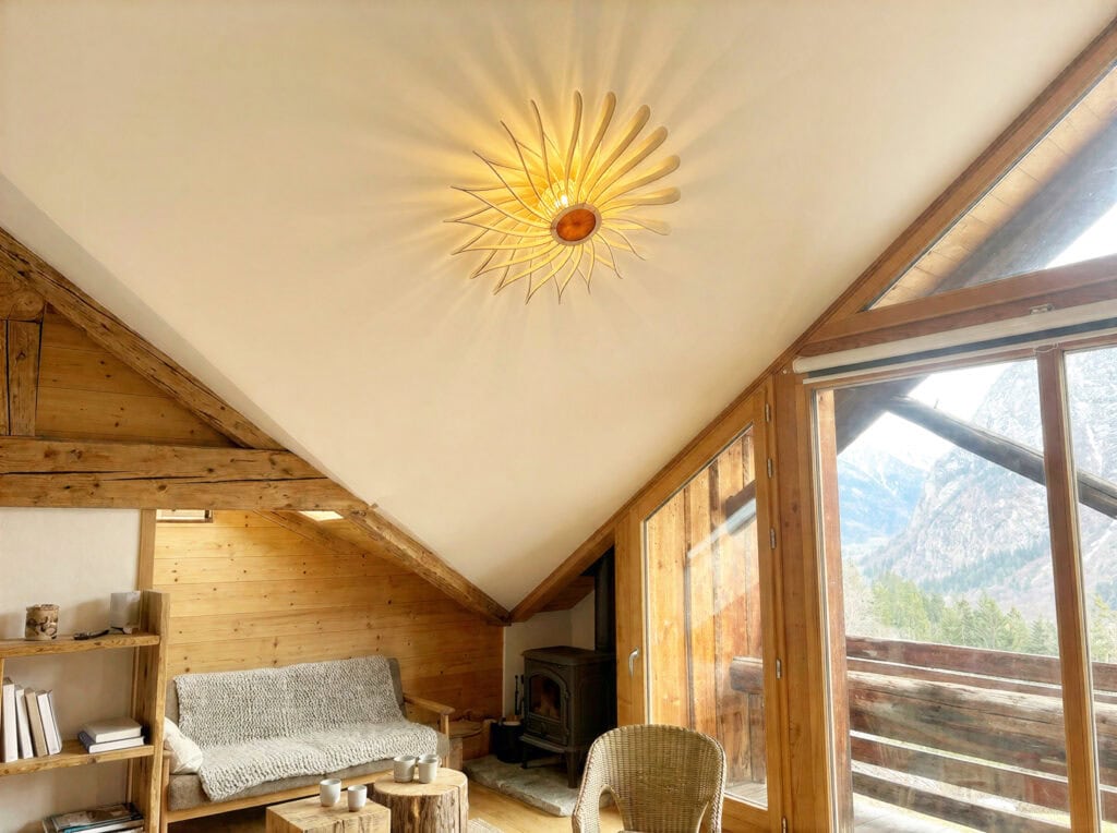 Luminaire plafonnier en bois, made in France dans un chalet