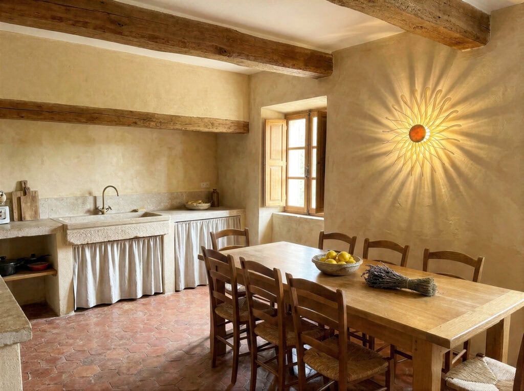 Luminaire plafonnier en bois, made in France, dans une cuisine