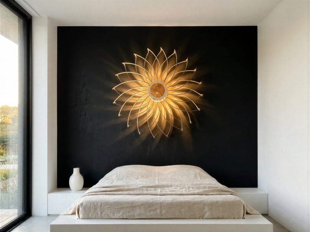 Applique murale en bois, artisanale et made in france, dans une chambre