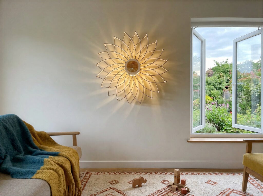 Applique murale en bois, artisanale et made in france, dans un salon