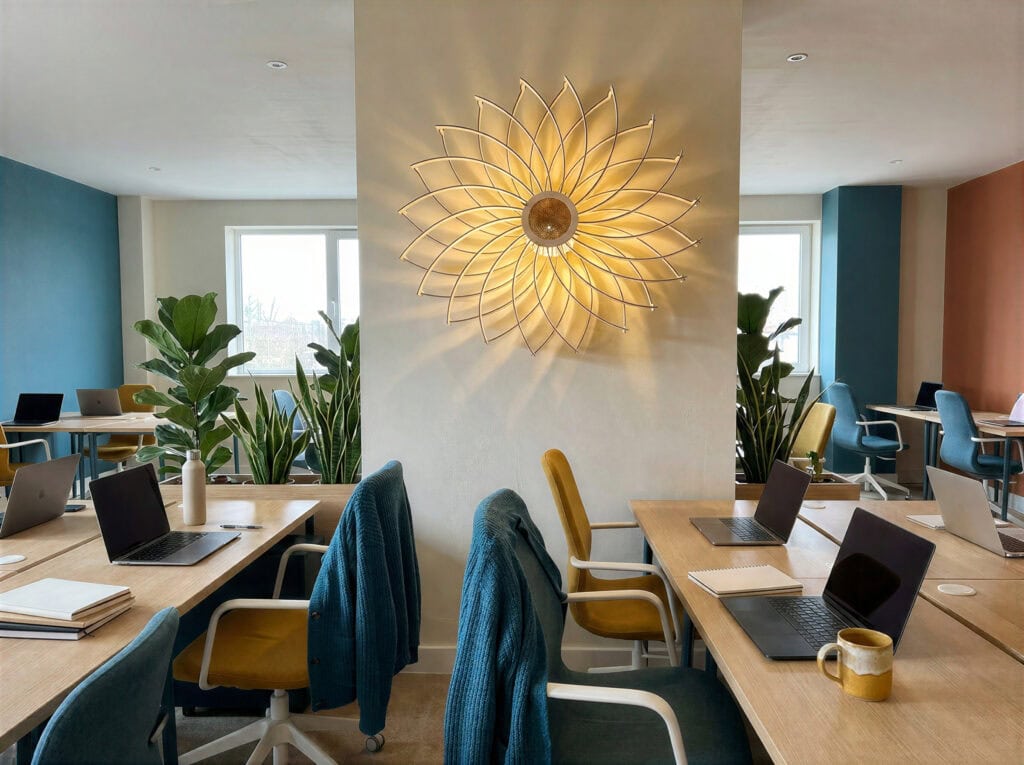 Applique murale en bois, artisanale et made in france, dans un coworking
