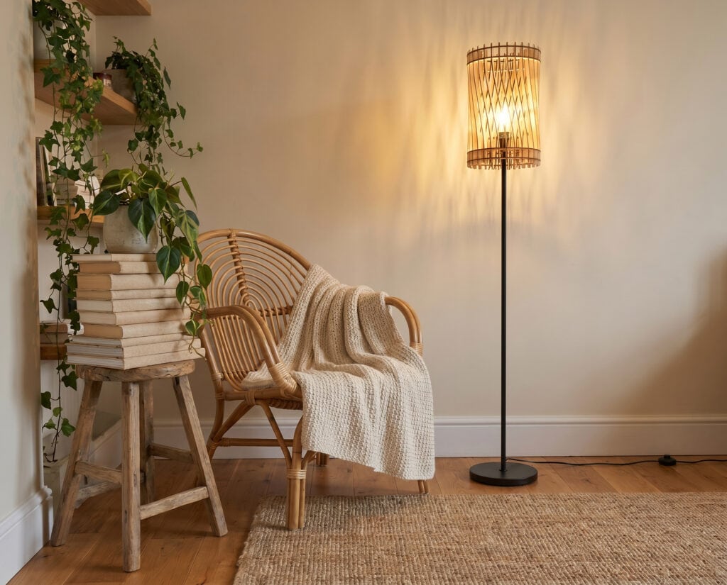 Lampadaire bois Vincent dans un coin lecture, près d'une pile de livres