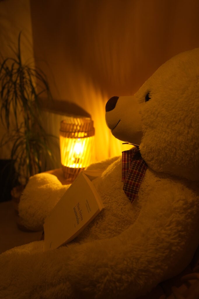 Lampe de table cylindrique en bois Atelier Sapi allumée derrière un ourson en peluche tenant un livre, lumière orange chaude