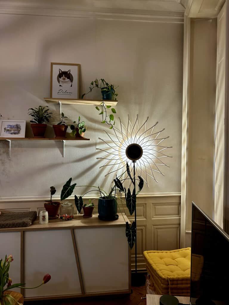 Lampadaire sur pied modèle Soleil en bois découpé Atelier Sapi dans un salon avec moulures, étagères de plantes vertes et coussin jaune moutarde, photographié en lumière naturelle