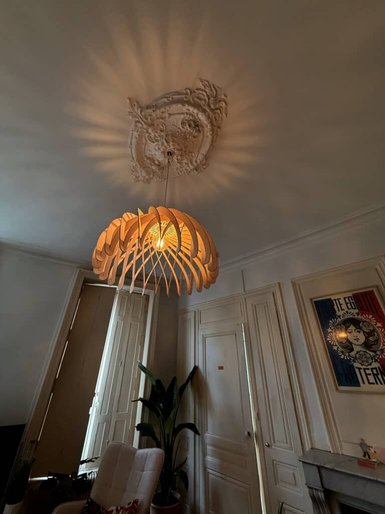 Suspension modèle Dôme en bois courbé Atelier Sapi, demi-sphère formée de lamelles arrondies, accrochée sous une rosace en plâtre haussmannienne, rayons lumineux projetés autour de la moulure, salon clair avec portes anciennes et affiche Liberté Égalité Fraternité