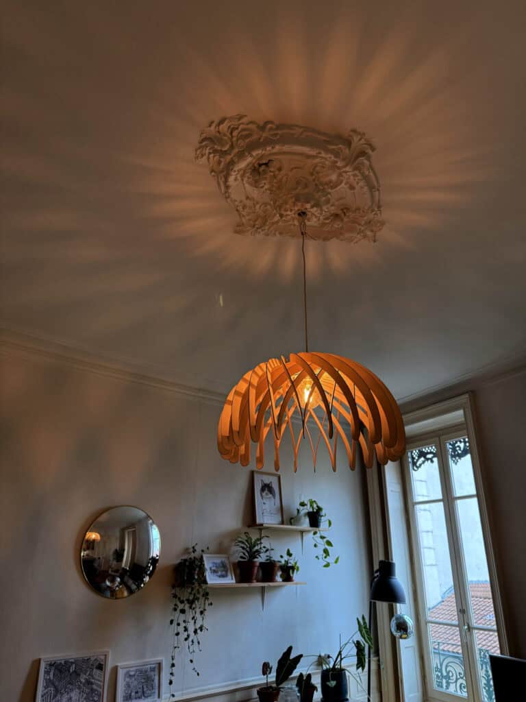 Suspension modèle Dôme Atelier Sapi en bois découpé, lamelles courbes formant une coupole, éclairage ambré, fixée sous rosace haussmannienne dans un salon avec miroir rond, étagères de plantes et grande fenêtre