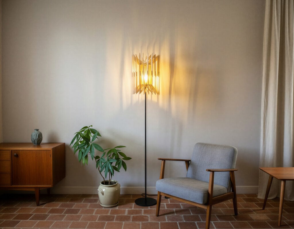 Le lampadaire Léon allumé dans un salon épuré au sol en tomettes, à côté d'un fauteuil vintage gris et d'une enfilade en bois.