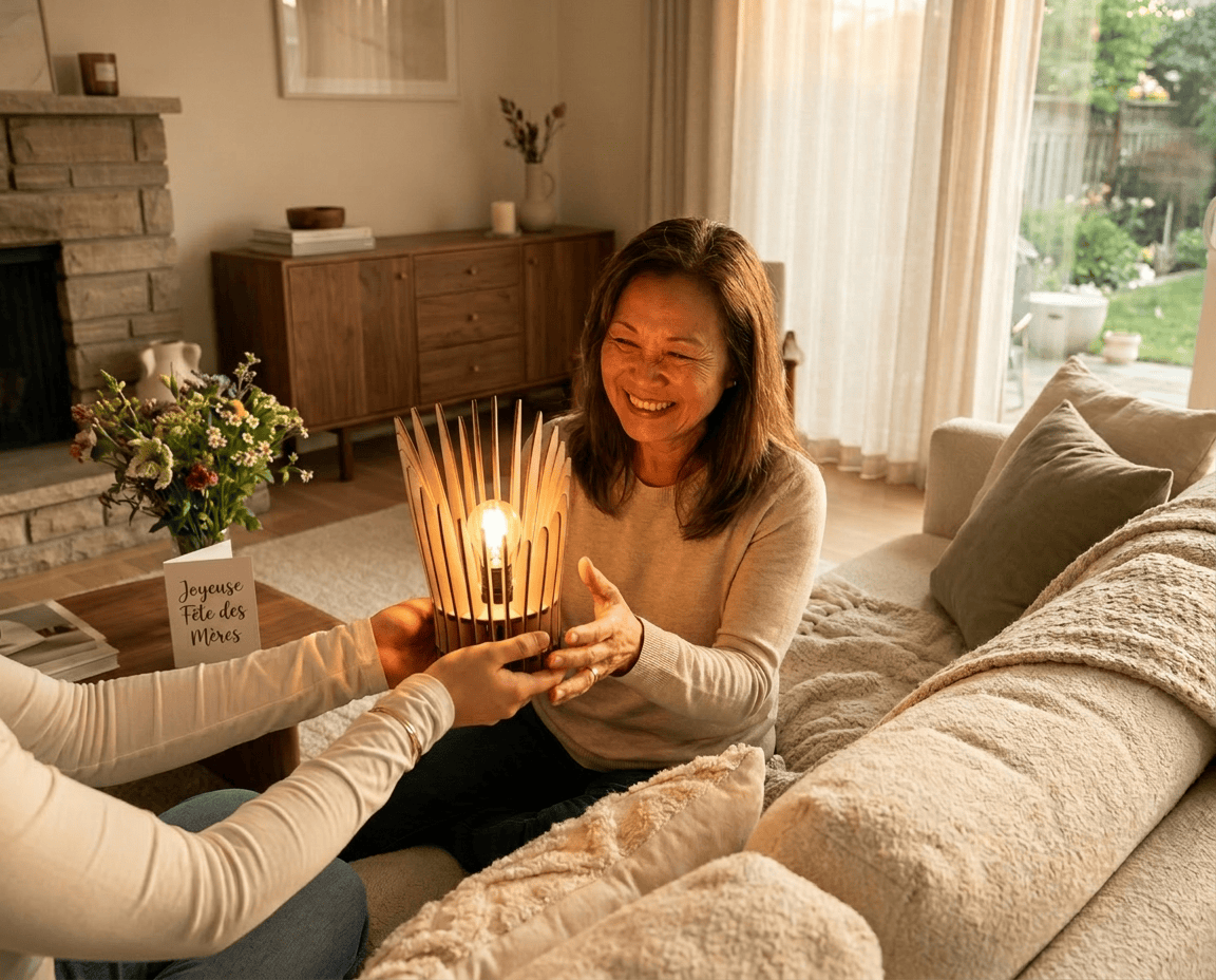 Une maman souriante qui tient une lampe à poser en bois version peuplier.