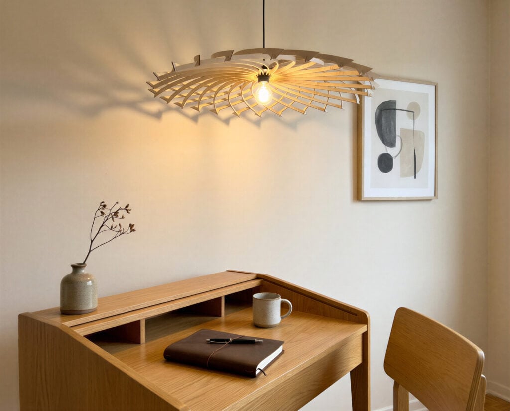 Suspension en bois Arthus le lotus dans un bureau lumineux à la déco minimaliste