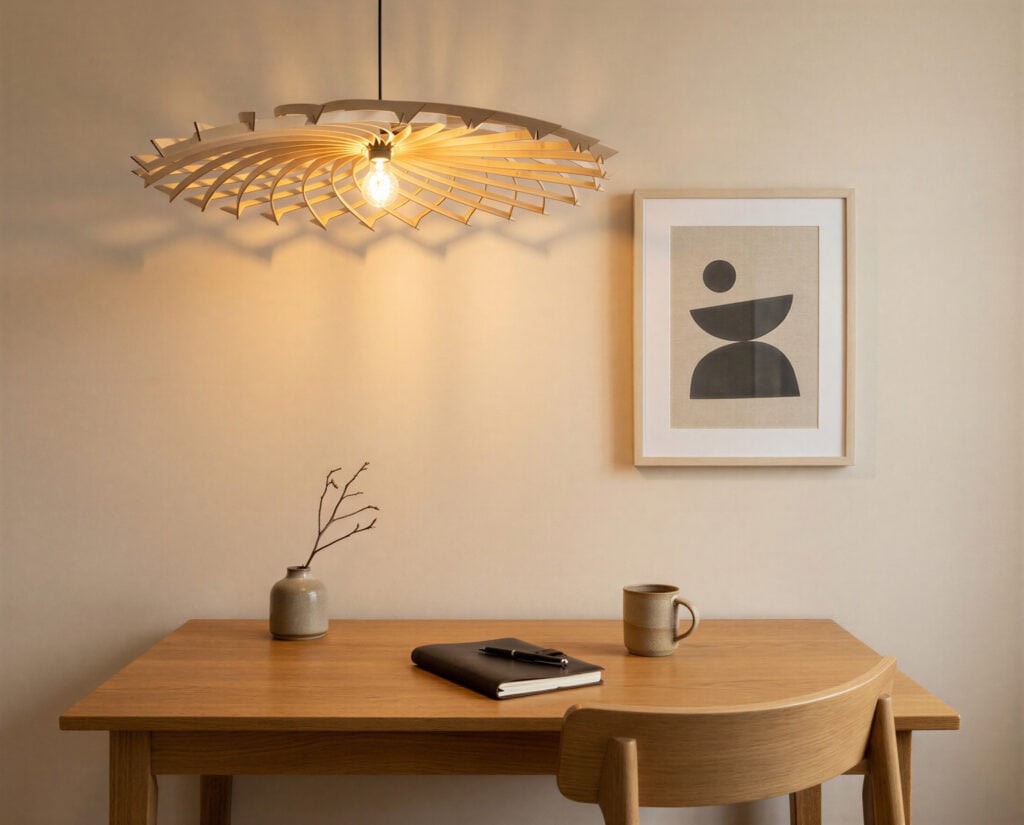 Suspension bois Arthus le lotus en forme de lotus au-dessus d'un bureau décoré