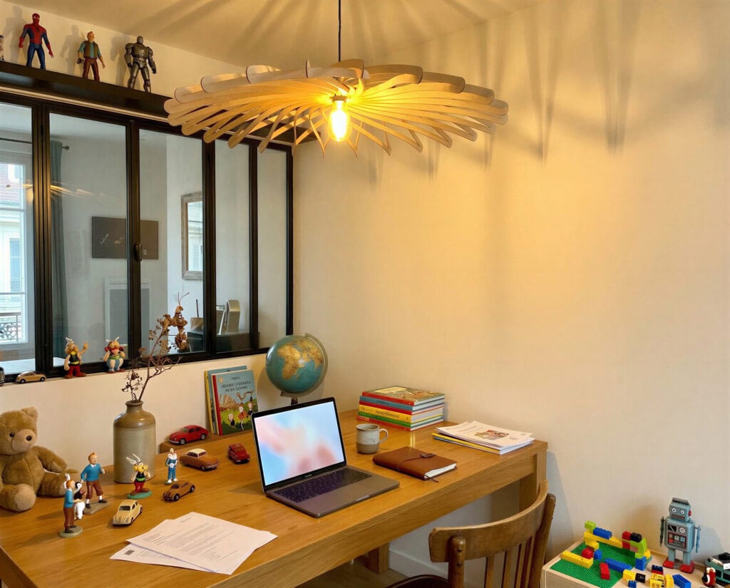 Suspension en bois Dalida la dahlia dans un bureau décoré aux tons naturels