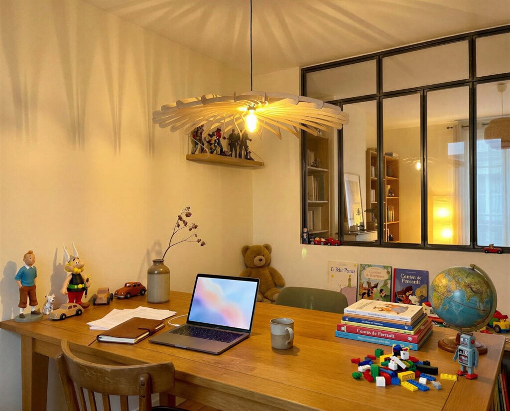 Suspension en bois Dalida la dahlia dans un bureau décoré aux tons naturels