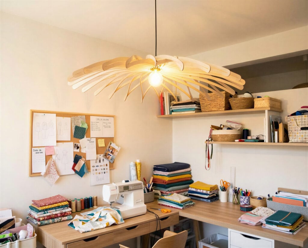 Suspension en bois Dalida la dahlia au-dessus d'un bureau d'atelier lumineux