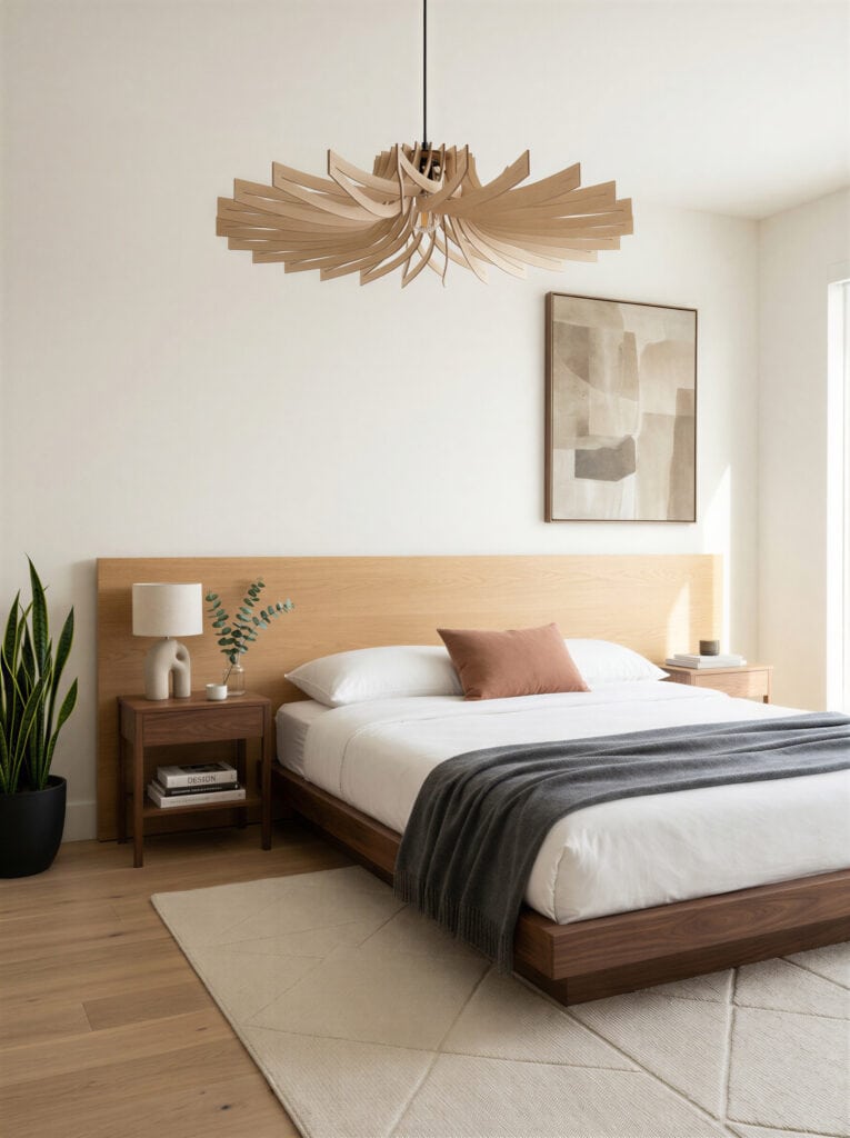 Suspension bois Gaston le chardon dans une chambre épurée aux tons naturels