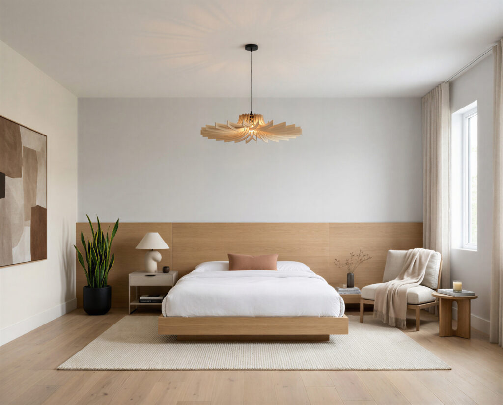 Suspension en bois Gaston le chardon au-dessus d'un lit à la tête en bois