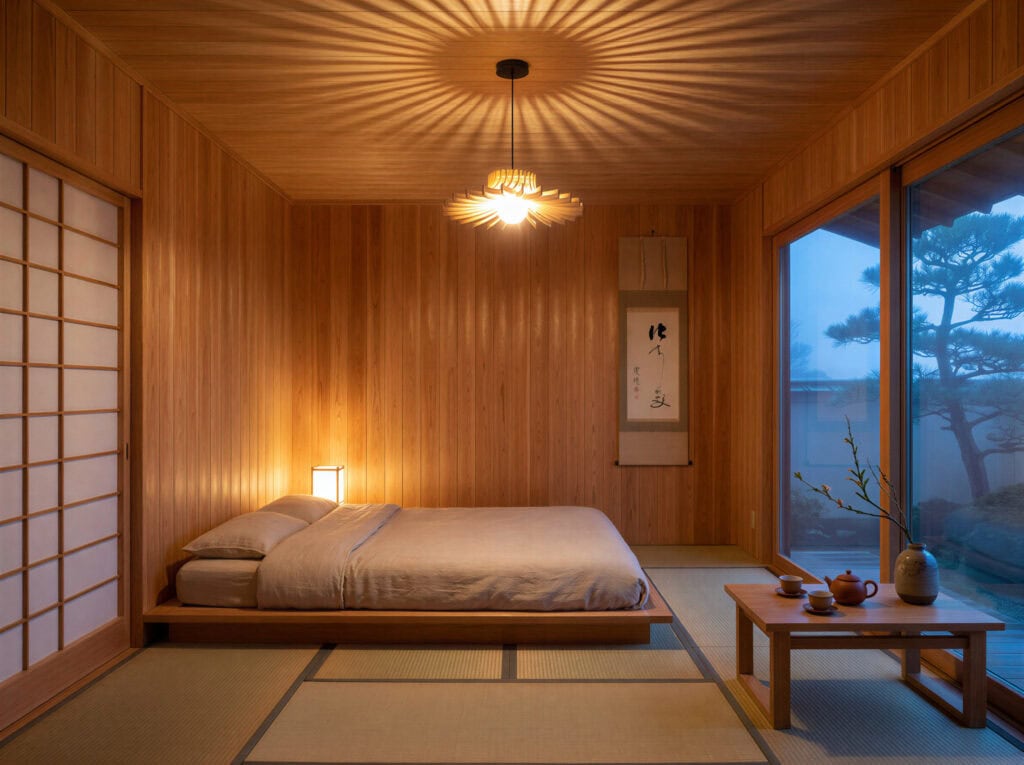 Suspension en bois Gaston le chardon projetant ses rayons au plafond d'une chambre d'inspiration japonaise