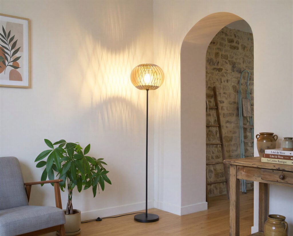 Lampadaire en bois Alban le virevoltant dans une entrée voûtée aux murs clairs