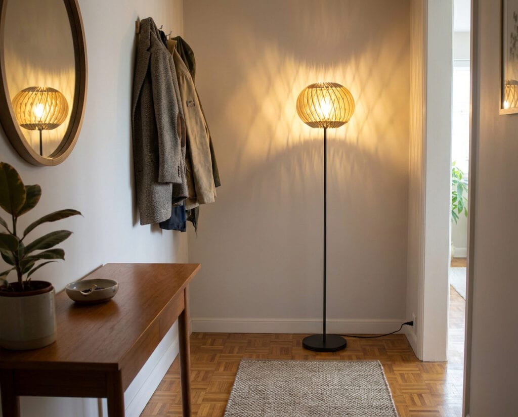 Lampadaire bois Alban le virevoltant dans une entrée fonctionnelle avec portemanteau