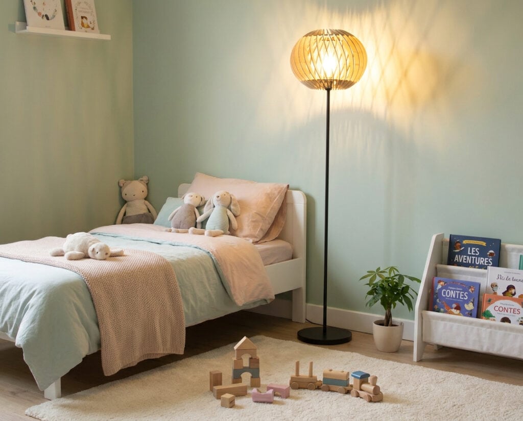 Lampadaire en bois Alban le virevoltant éclairant une chambre paisible