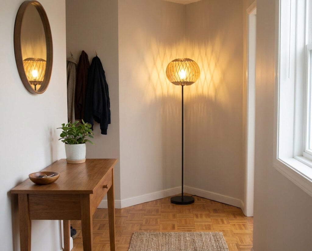 Lampadaire bois Alban le virevoltant dans un couloir aux tons doux
