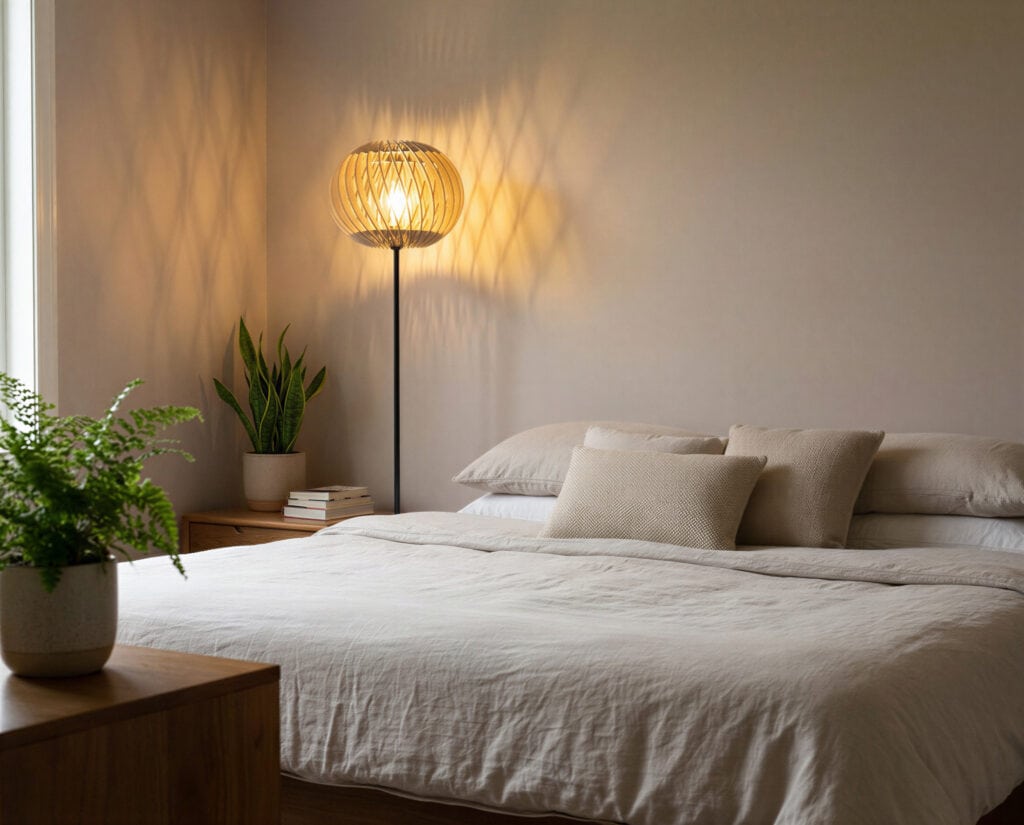 Lampadaire en bois Alban le virevoltant dans une chambre aux accents jaunes