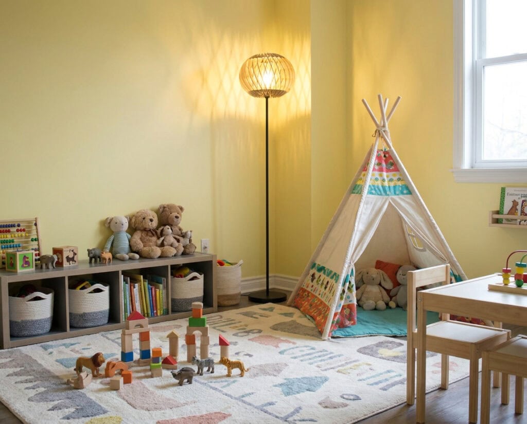 Lampadaire bois Alban le virevoltant dans une chambre d'enfant décorée d'un tipi