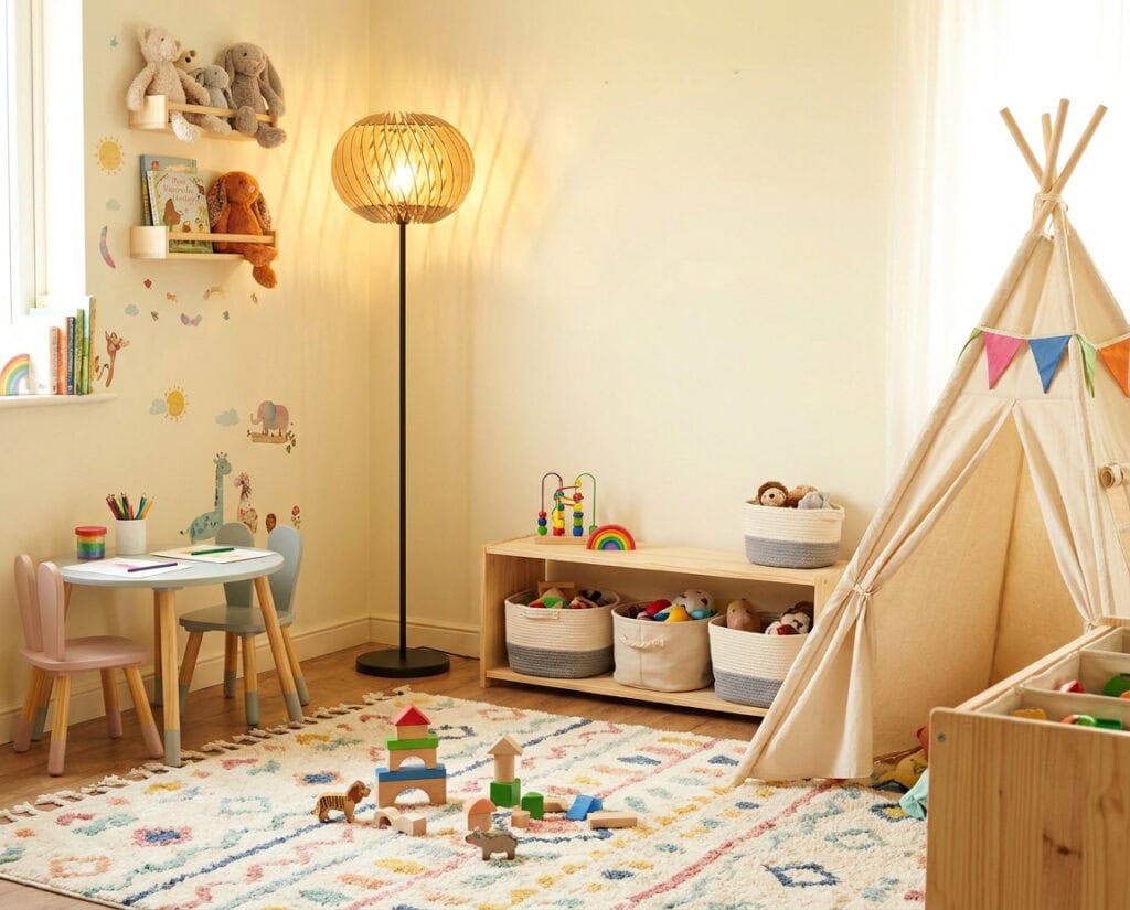 Lampadaire en bois Alban le virevoltant éclairant une chambre d'enfant ludique
