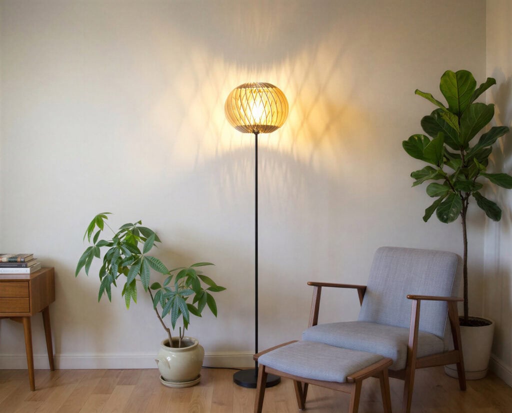 Lampadaire bois Alban le virevoltant dans une chambre douce décorée de plantes