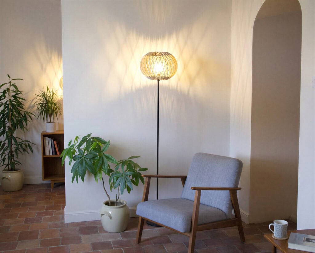 Lampadaire en bois Alban le virevoltant éclairant une chambre cosy aux tons naturels