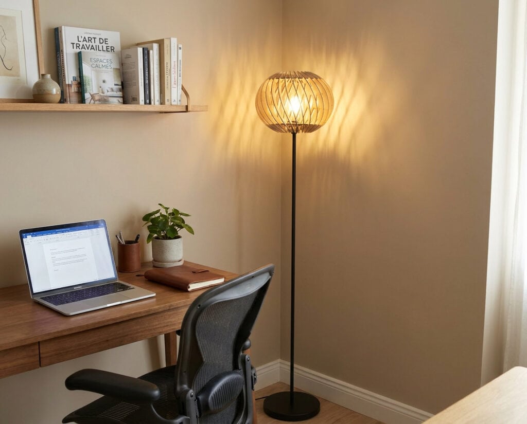 Lampadaire en bois Alban le virevoltant éclairant un coin bureau avec étagères