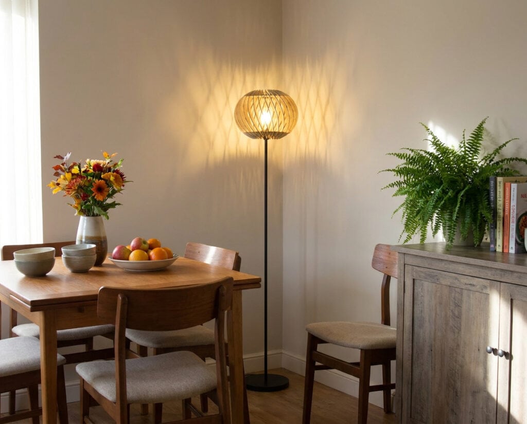 Lampadaire bois Alban le virevoltant près d'une table à manger dans un séjour chaleureux