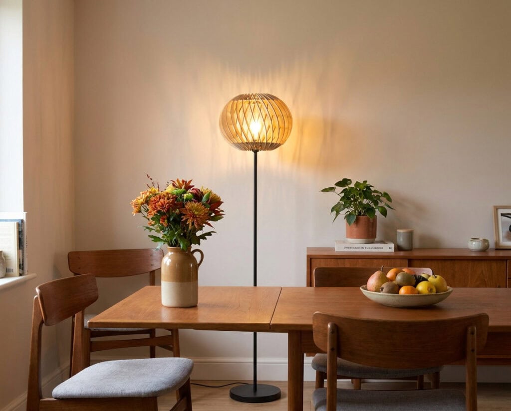 Lampadaire en bois Alban le virevoltant dans un séjour avec table bois