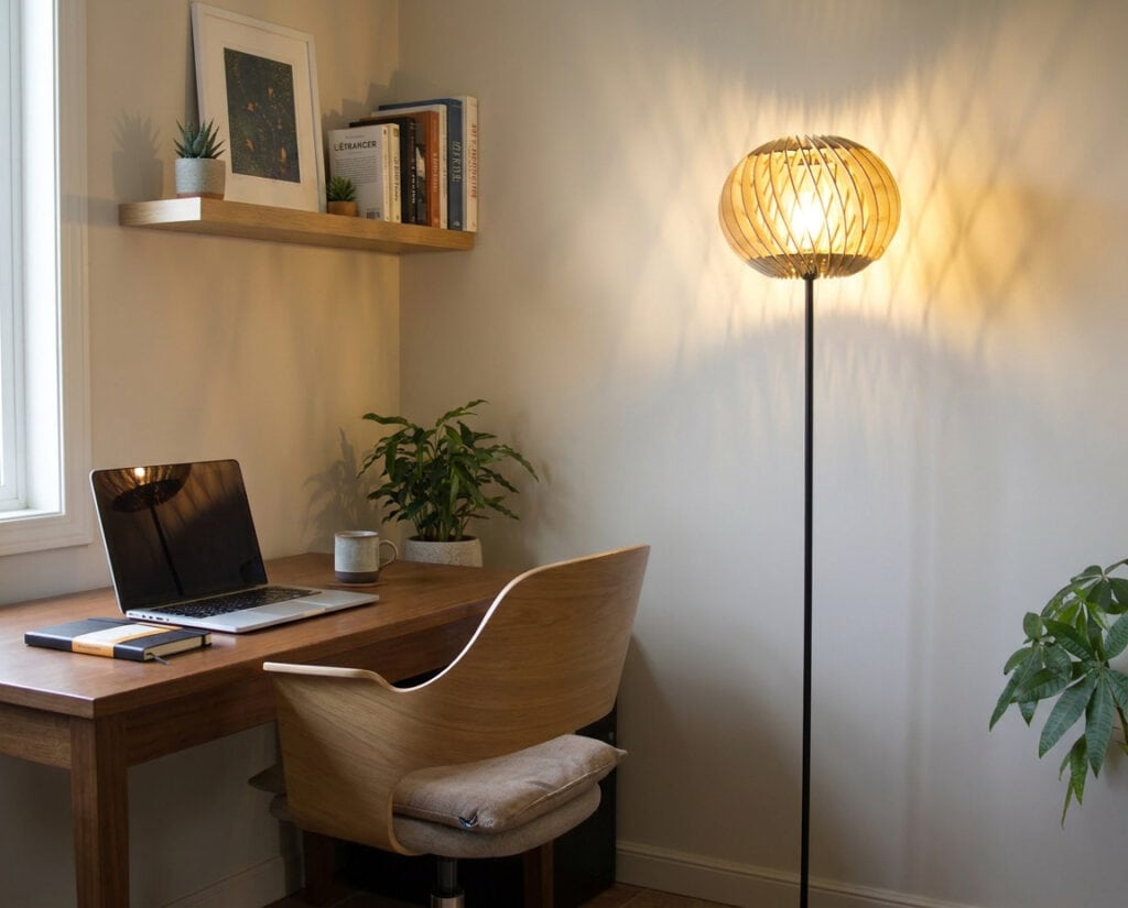 Lampadaire bois Alban le virevoltant éclairant un coin salon douillet