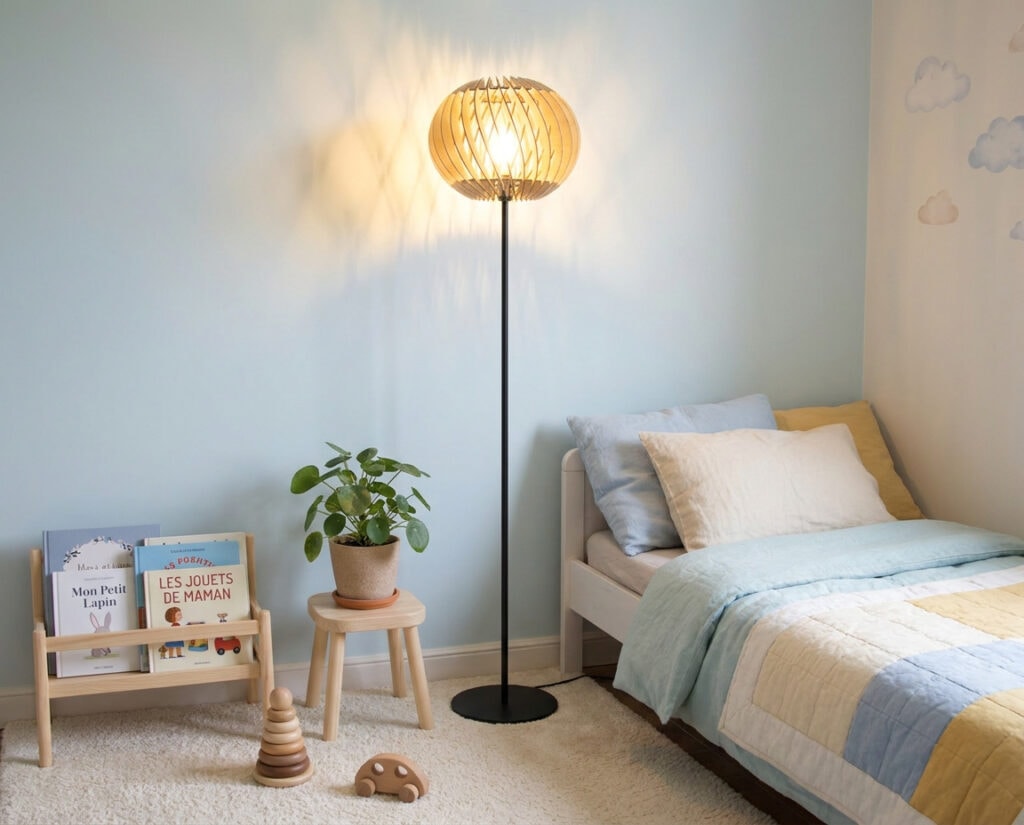 Lampadaire en bois Alban le virevoltant dans une chambre épurée aux tons clairs