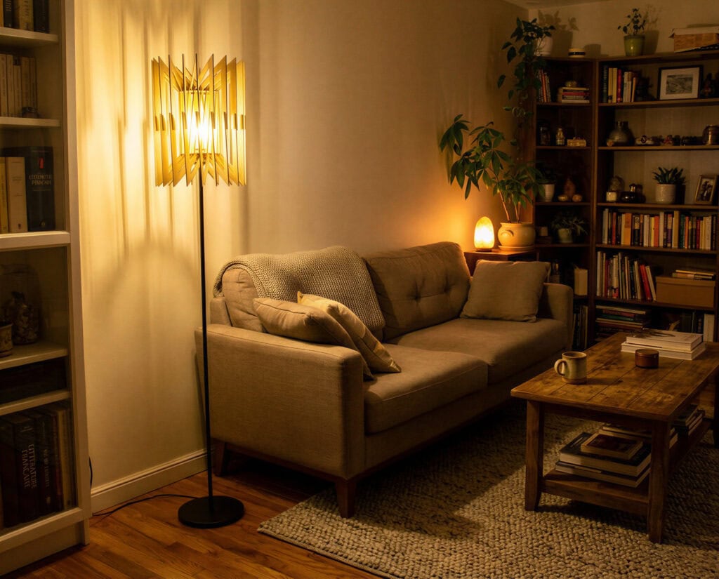 Lampadaire bois Léon L'accordéon éclairant un coin salon aux tons chaleureux