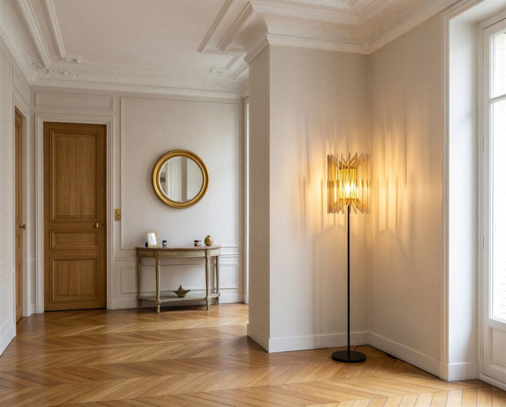 Lampadaire en bois Léon L'accordéon dans une entrée avec console et miroir