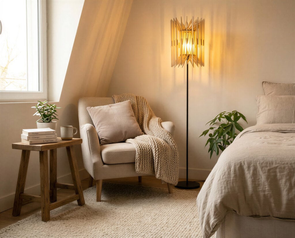 Lampadaire bois Léon L'accordéon dans une chambre cosy avec fauteuil sous combles