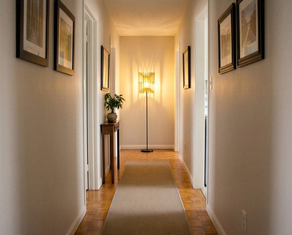 Lampadaire en bois Léon L'accordéon éclairant l'entrée d'un appartement aux murs clairs