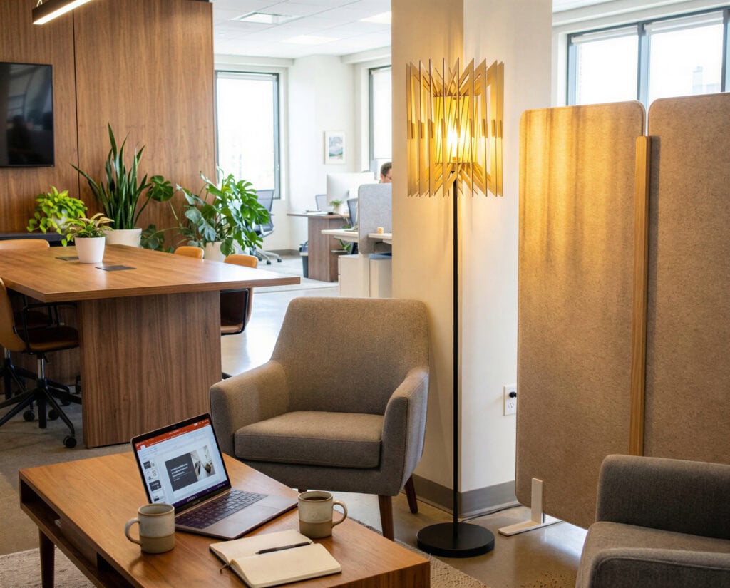 Lampadaire bois Léon L'accordéon dans un couloir lumineux décoré de plantes