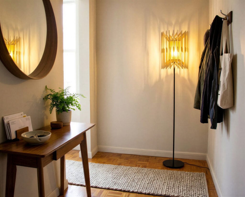 Lampadaire en bois Léon L'accordéon éclairant un séjour décoré d'un miroir rond