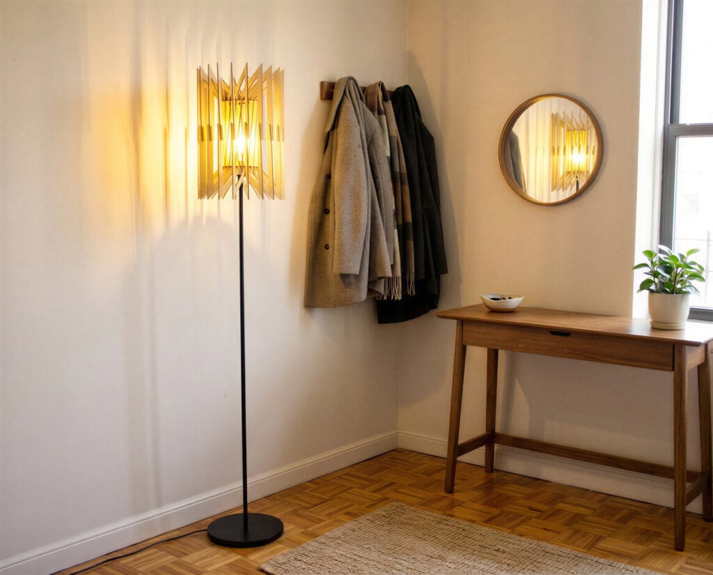 Lampadaire bois Léon L'accordéon près d'une bibliothèque dans un séjour lumineux