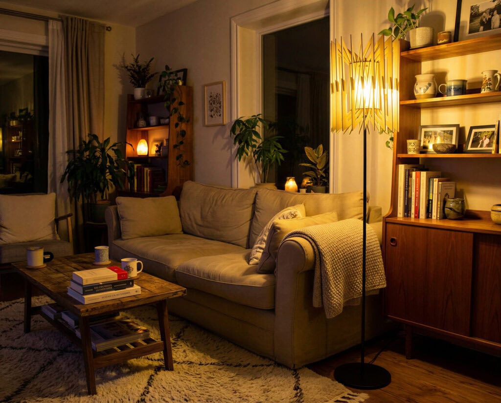 Lampadaire en bois Léon L'accordéon allumé dans un salon à l'ambiance dorée