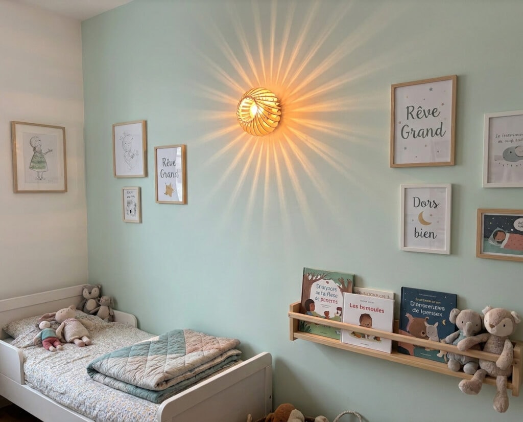 Applique murale en bois Siméon le bourgeon dans une chambre d'enfant aux murs menthe