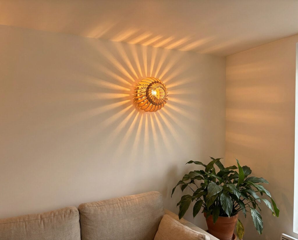 Petite applique murale en bois Siméon le bourgeon projetant ses rayons sur le mur au dessus d'un canapé dans un salon
