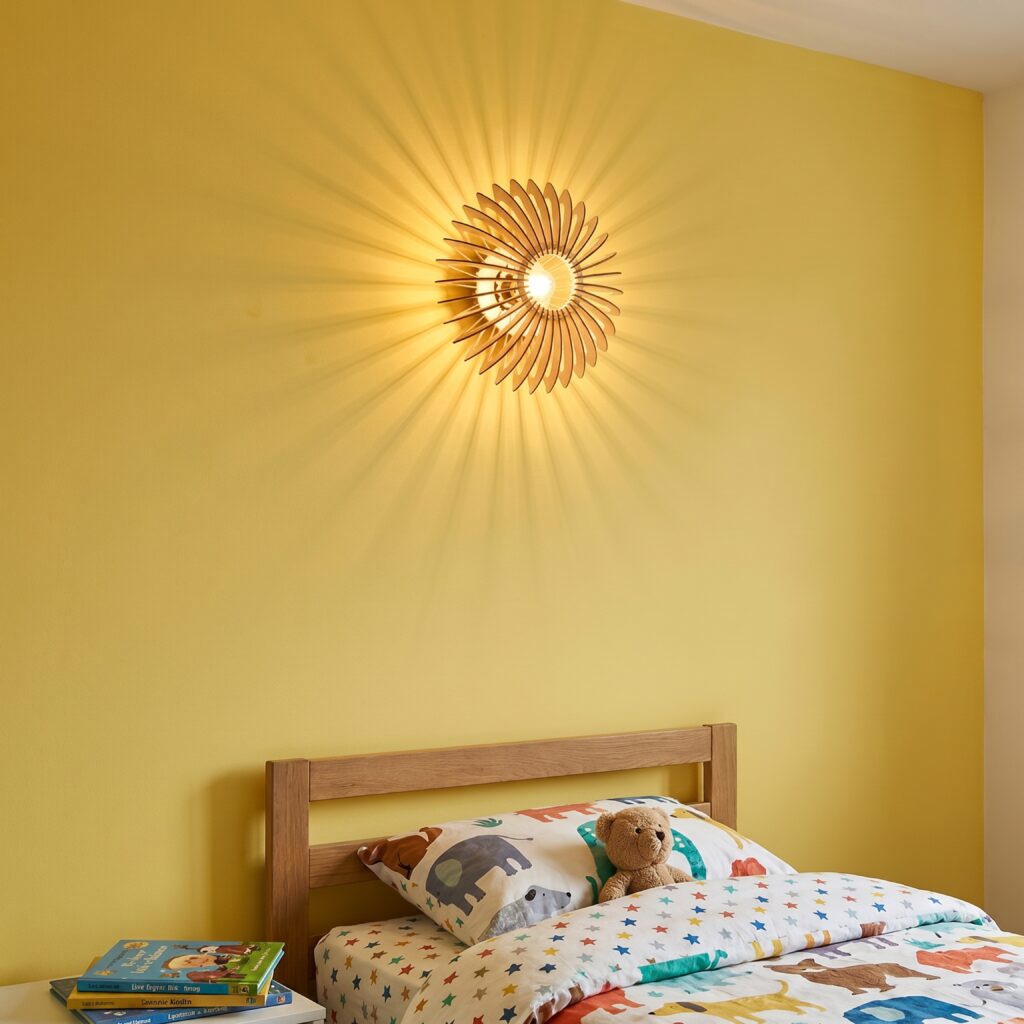 Applique murale bois Ariel sur un mur jaune, au-dessus d'un lit d'enfant