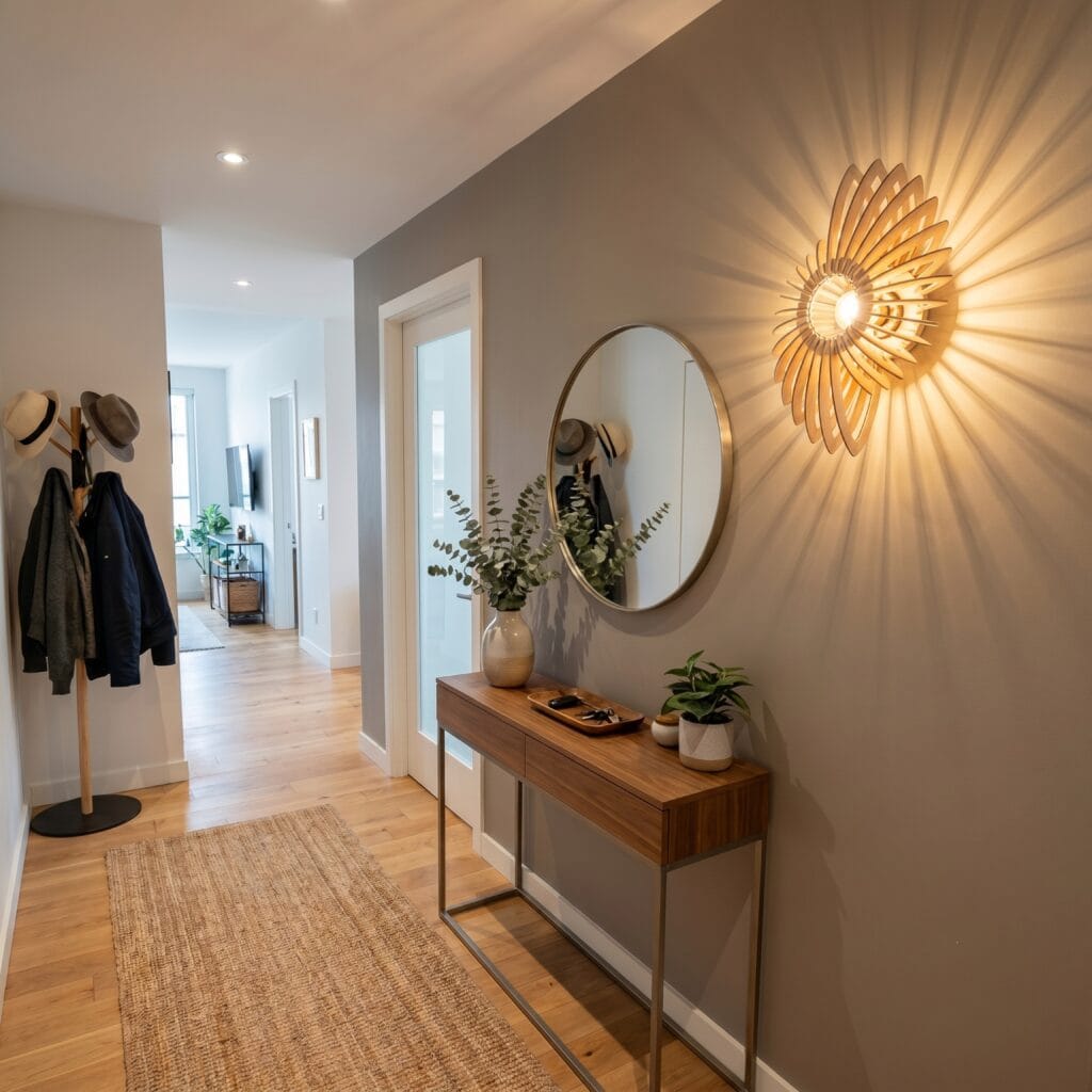 Applique murale bois Sébastien dans une entrée, près d'un miroir et d'une console
