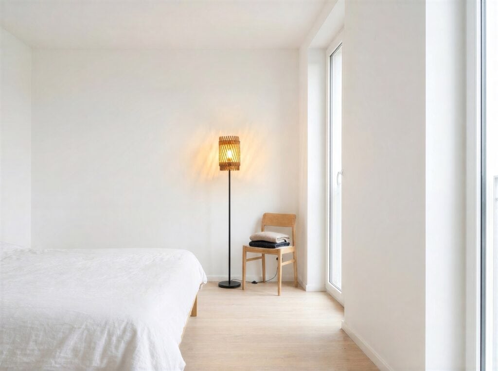 Lampadaire en bois Alice dans une chambre lumineuse, près du lit et d'une fenêtre