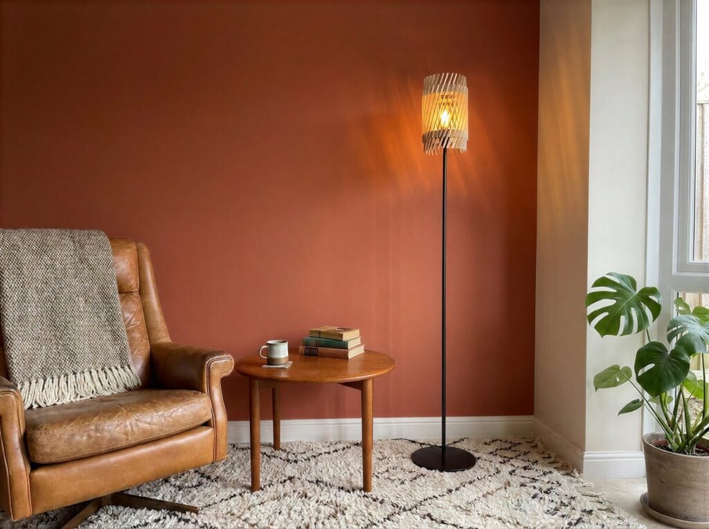 Lampadaire en bois Alice dans un salon au mur terracotta, fauteuil en cuir